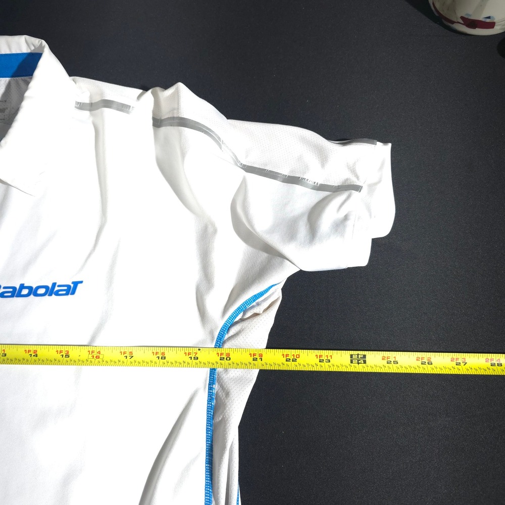 Babolat Polo Shirt Men M White Blue Performance Tennis Golf Athletic Fit Top Pro - Picture 4 of 9